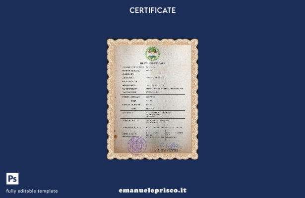 modello PSD del certificato di morte del Belize in stile verificato
